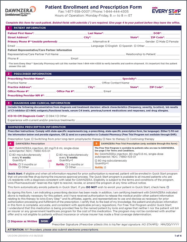 A preview of the DAWNZERA Prescription and Enrollment Form.
