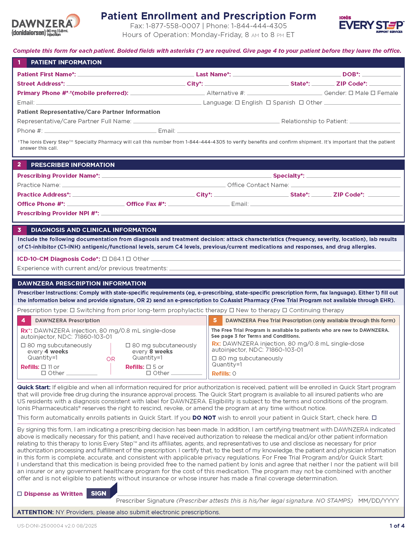 A preview of the DAWNZERA prescription and enrollment form.