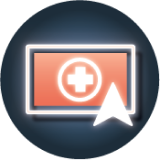Icon of computer with a prescription symbol and cursor.