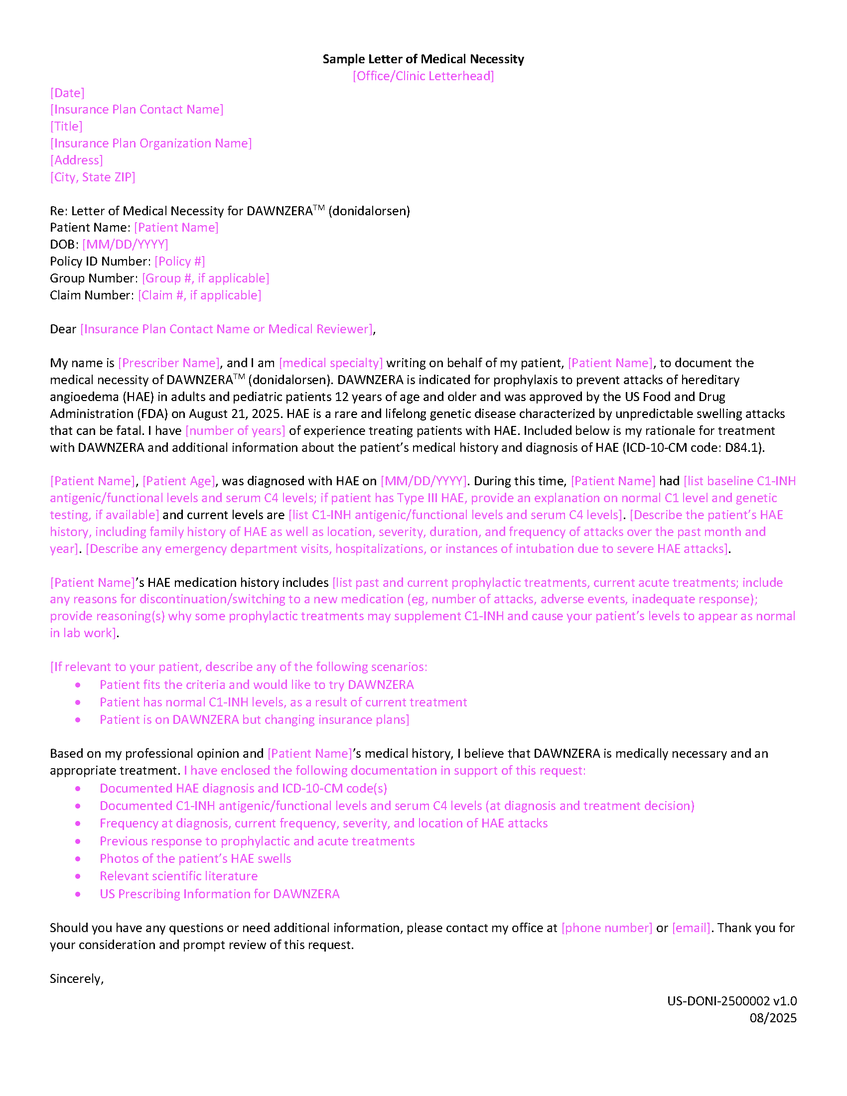 A preview of a sample Letter of Medical Necessity.